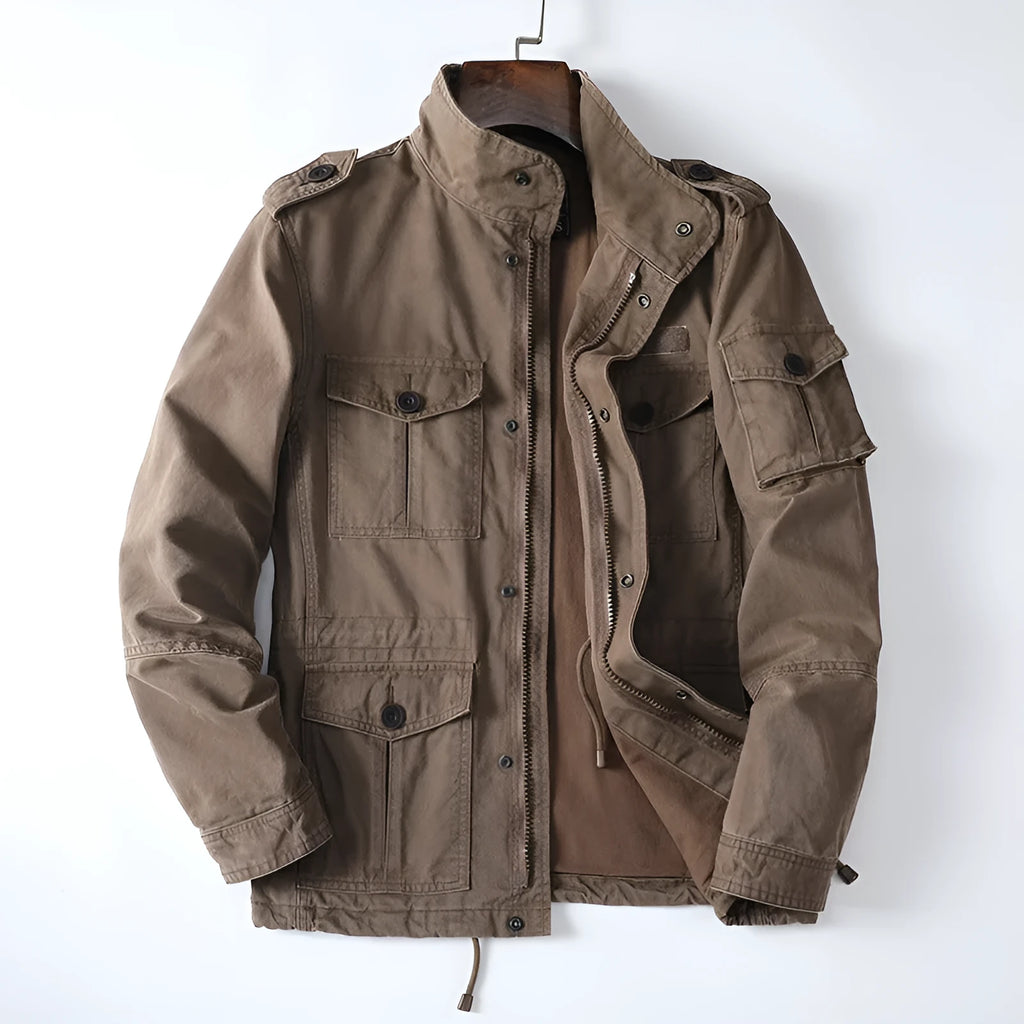 Men's loose retro-style cotton jacket in light brown, zip-up front, casual fit
