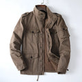 Men's loose retro-style cotton jacket in light brown, zip-up front, casual fit