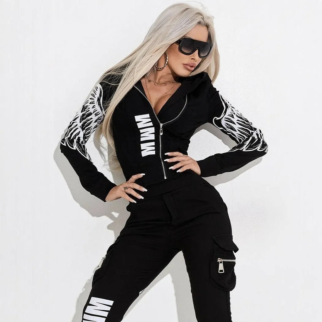 Women's black casual suit set with wings printing featuring hooded top and matching trousers