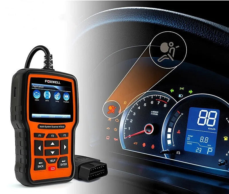 Orange and black Foxwell NT510 automotive diagnostic tool with display screen and data cable