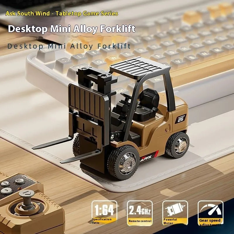 1:64 scale mini alloy remote control forklift toy with remote, cargo hook, forks, and pallet.