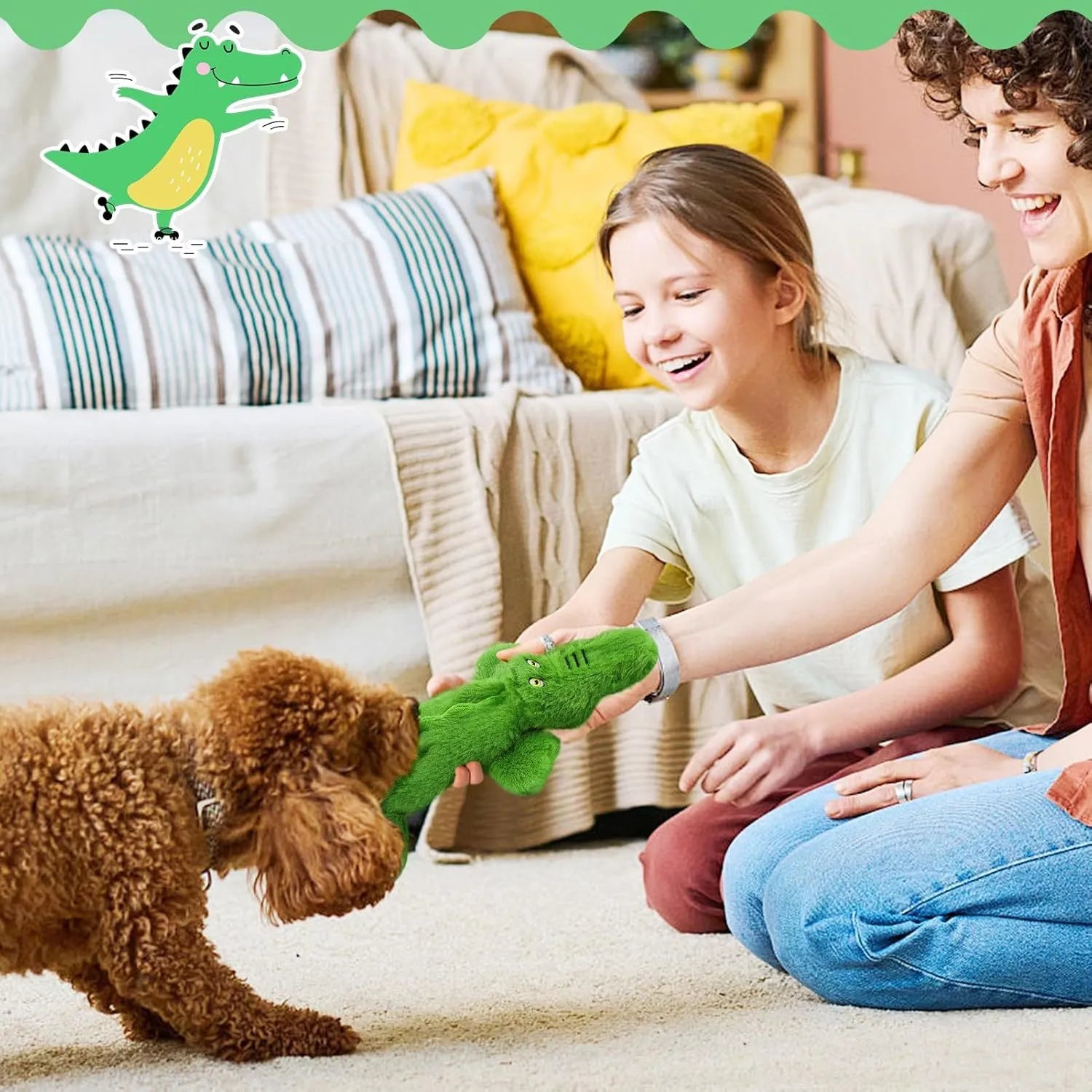 Green crocodile squeaky dog toy with no stuffing for aggressive chewers