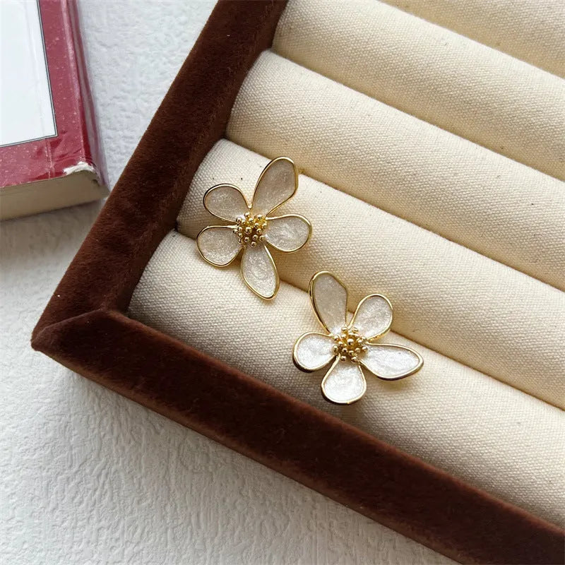 White drop oil petal earrings for women – five petal flower drop ear studs with glossy dripping oil finish on zinc alloy