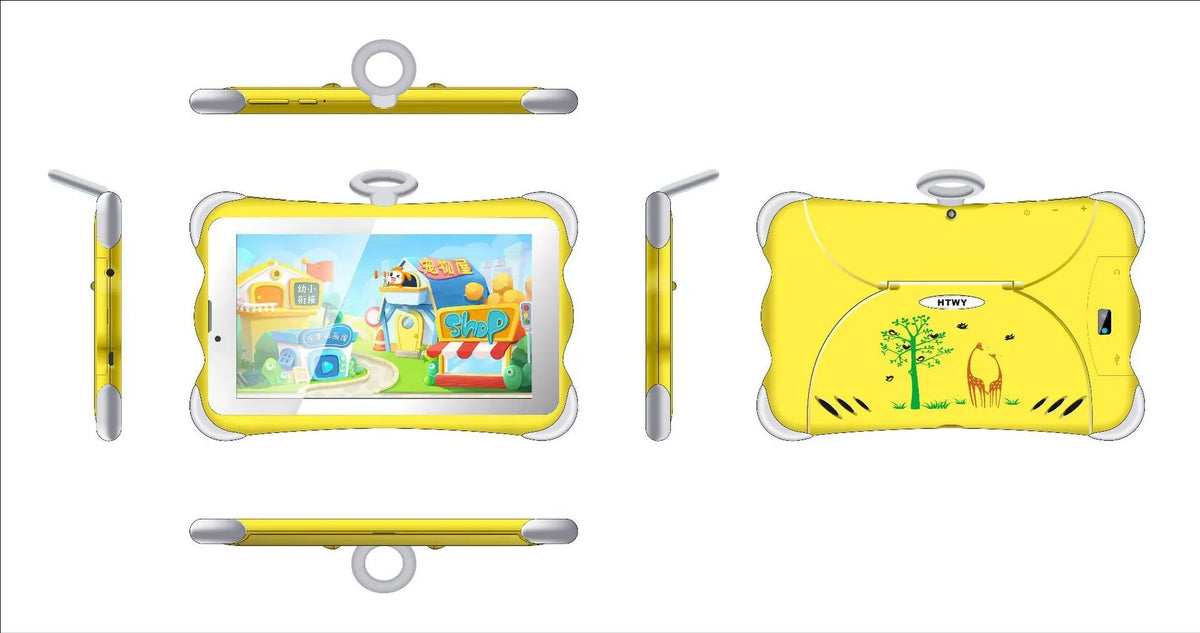 7-inch children's learning tablet in cartoon colours with integrated stand showing on-screen educational content