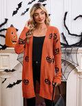 Women's black Halloween cardigan with orange pumpkin head jacquard pattern, medium length straight cut