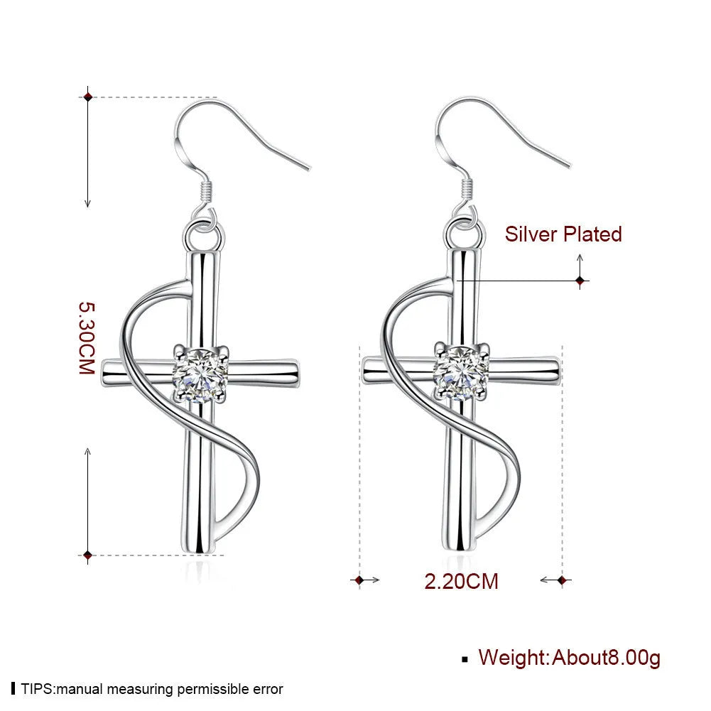 White elongated cross earrings, gold-plated metal women's drop earrings sold by pair
