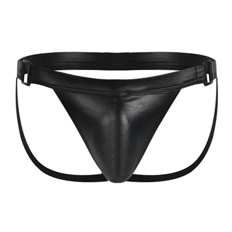 Sexy men's double ding hollow out U pouch imitation leather briefs in black, low waist, hip lifting, nylon