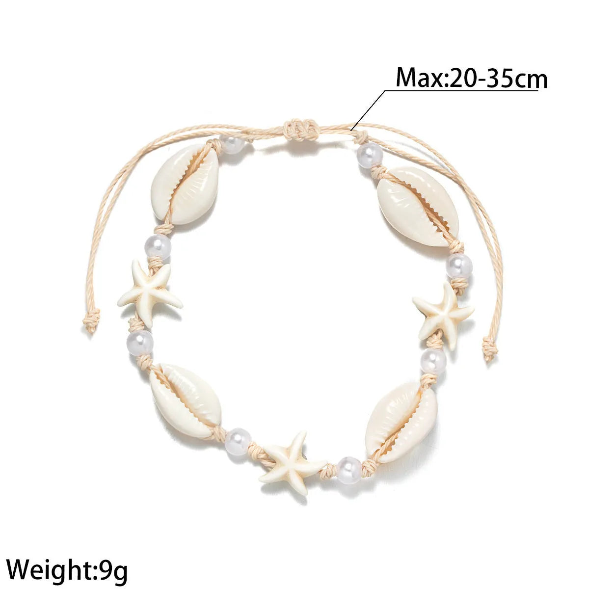 Women's adjustable waterproof wax anklet with starfish shell charm and pearl beads in white