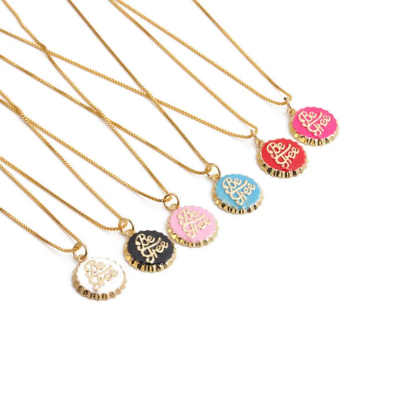 Copper bottle cap pendant necklace with 18K gold electroplating on 40cm box chain in six colour options