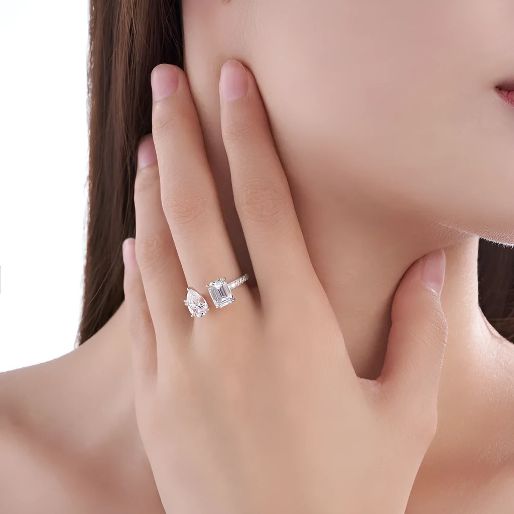 Square moissanite ring in 925 sterling silver with electroplated non-fading finish, geometric drop shape, US sizes 5 to 9