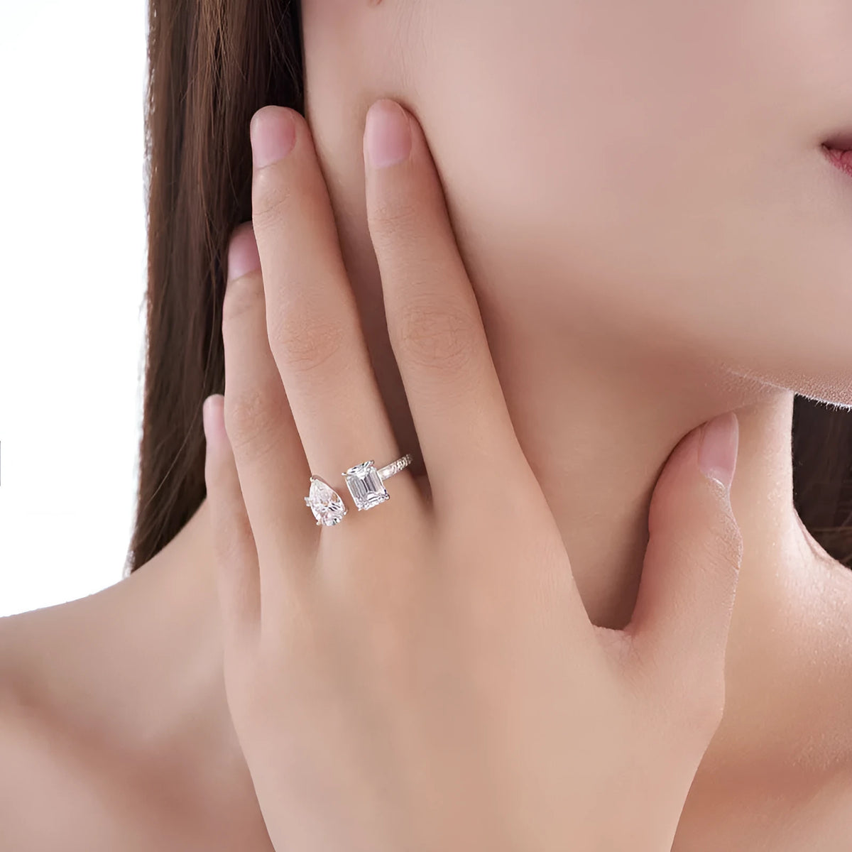 Square moissanite ring in 925 sterling silver with electroplated non-fading finish, geometric drop shape, US sizes 5 to 9