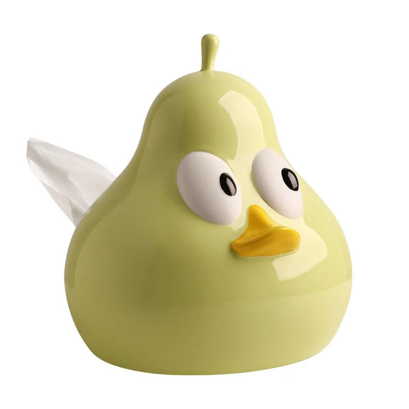 White ceramic pear-shaped tissue box holder with cute animal design in black or green colour