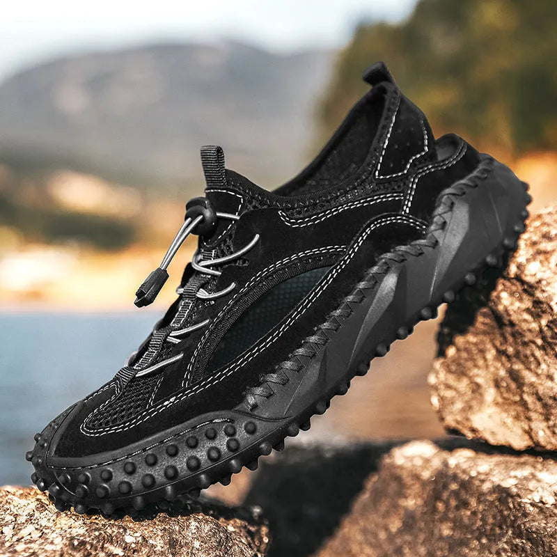 Men's black waterproof sports sandals with leather mesh upper and rubber sole