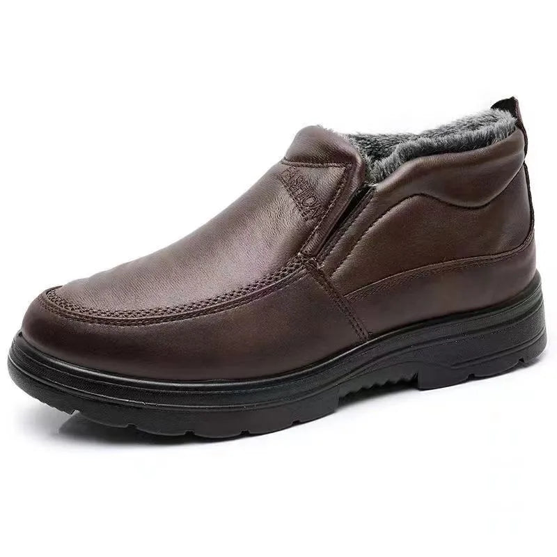 Men's black fleece-lined winter slippers with non-slip rubber sole and slip-on design