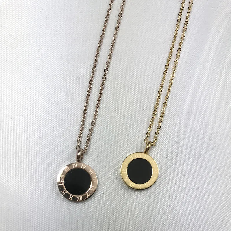 Roman pattern black shell pendant round titanium steel electroplated gold finish