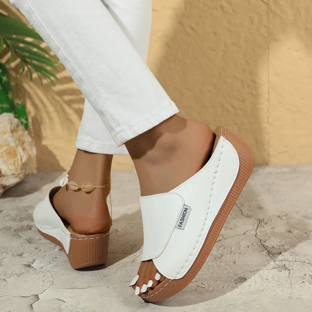 Women's summer wedge slide slippers fish mouth thick bottom solid colour beach sandals artificial PU upper rubber sole