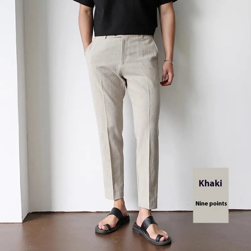Men's cotton linen cropped straight-leg trousers in white, summer youth style with elastic waist