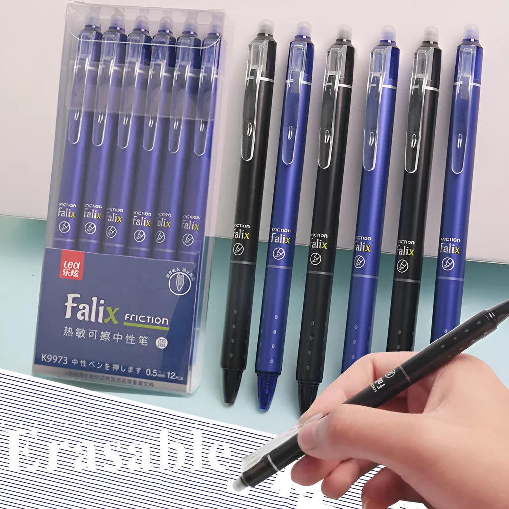 Blue and black erasable gel pen with 0.5mm stainless steel nib for student writing