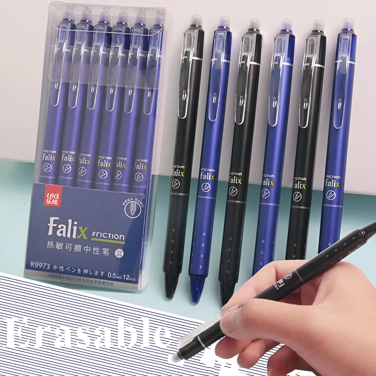 Blue and black erasable gel pen with 0.5mm stainless steel nib for student writing