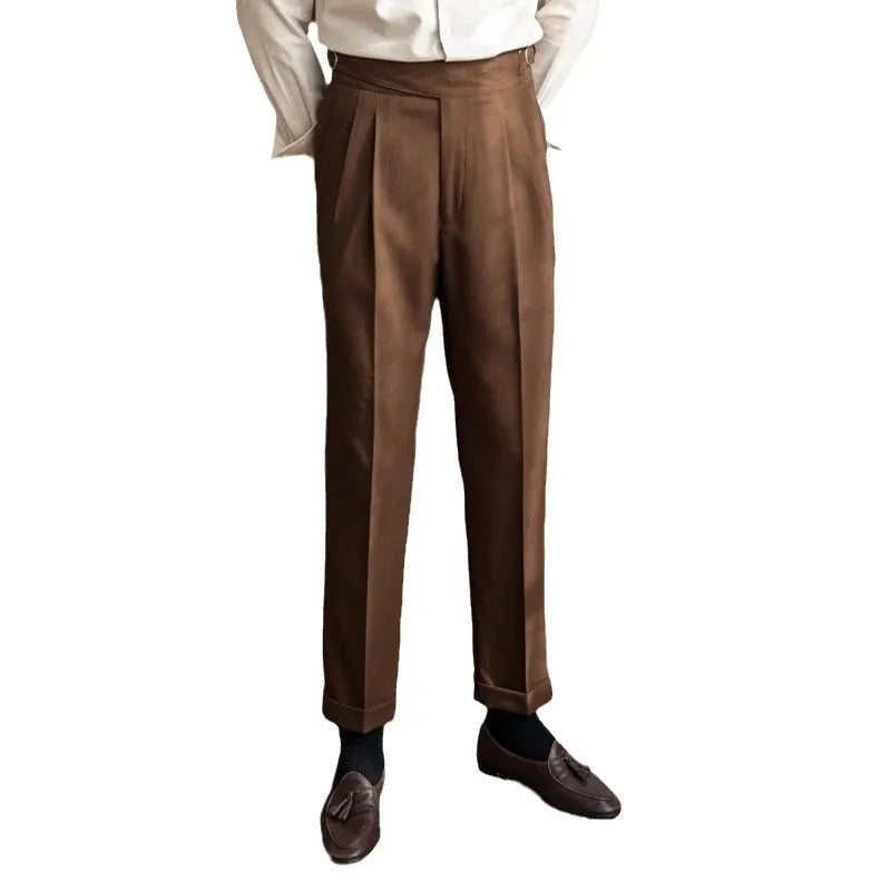 Men's high waist straight leg casual trousers in black, shown on a model.