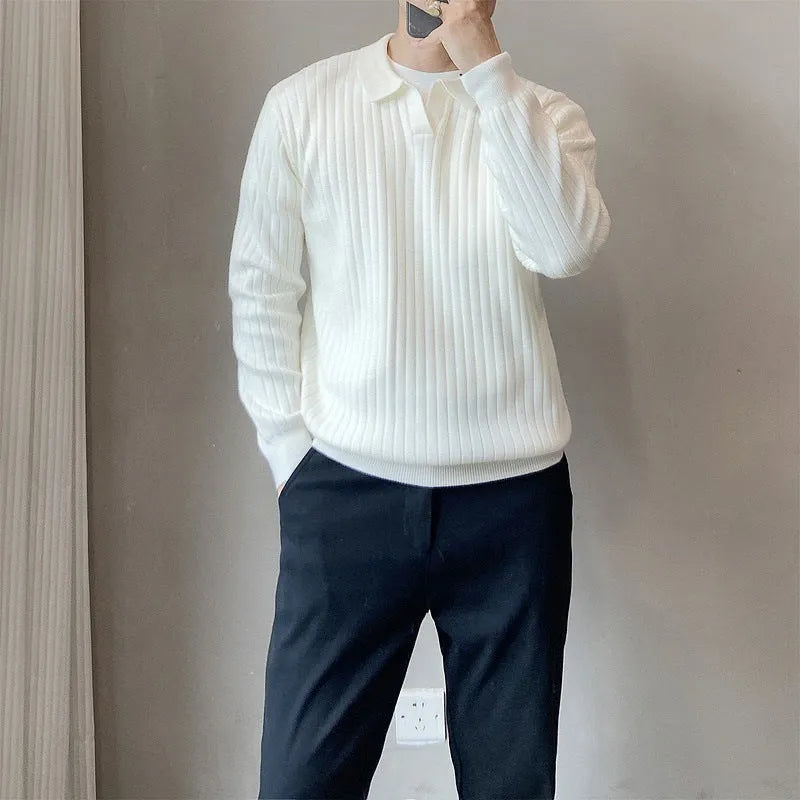 A boys' loose striped pullover sweater with a lapel collar, shown in a light grey colour.