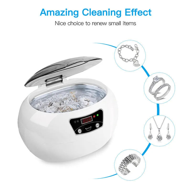Ultrasonic cleaning machine for home in white blue, 40KHz digital control, compact 20.6 x 15.2 x 13.2 cm