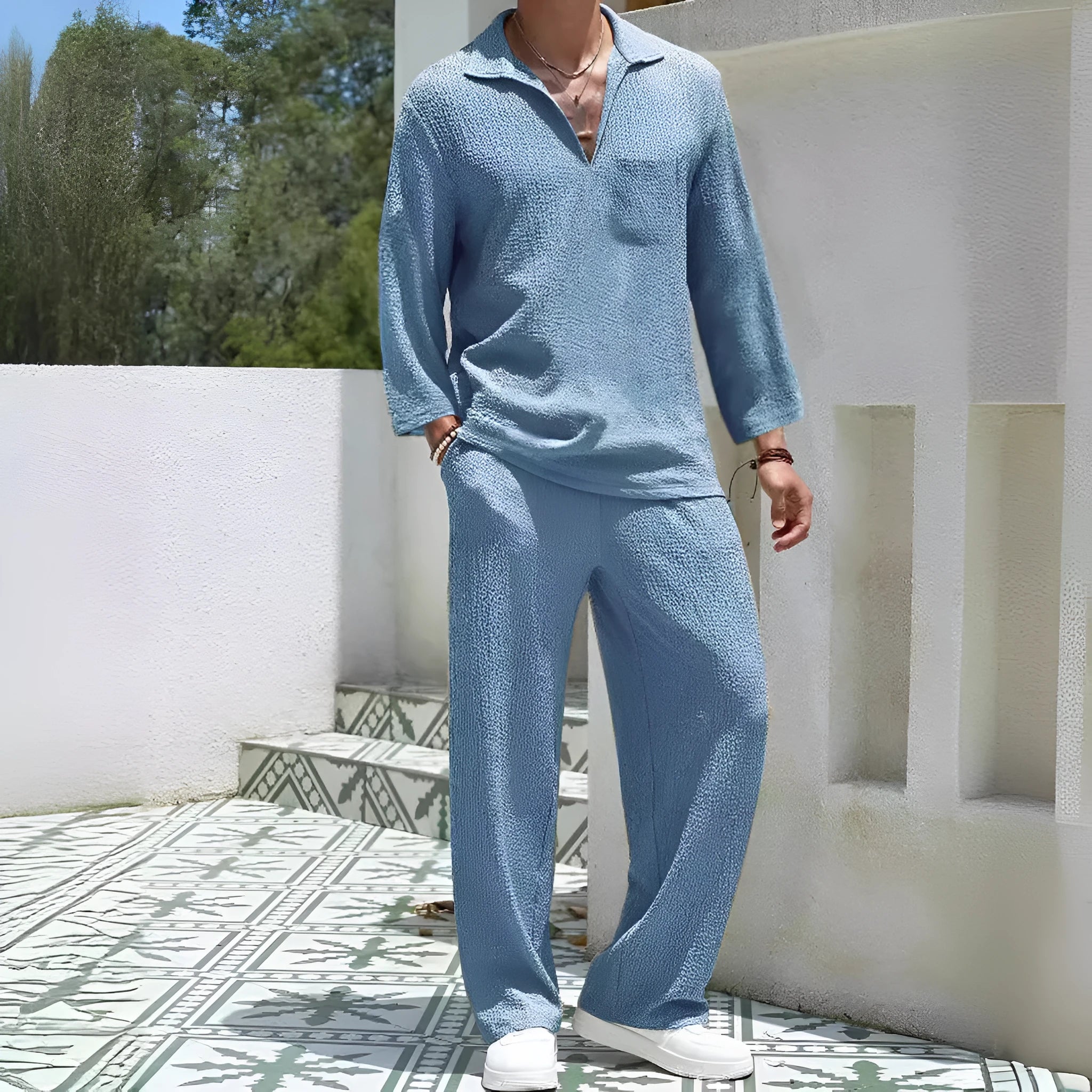 Men's casual shirt trousers commuter suit set in polyester fabric with four colour options