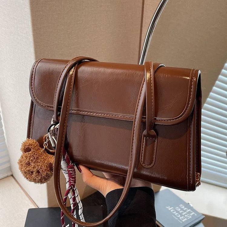 Brown women's PU leather Maillard shoulder bag with double straps and pendant accessory on horizontal square shape