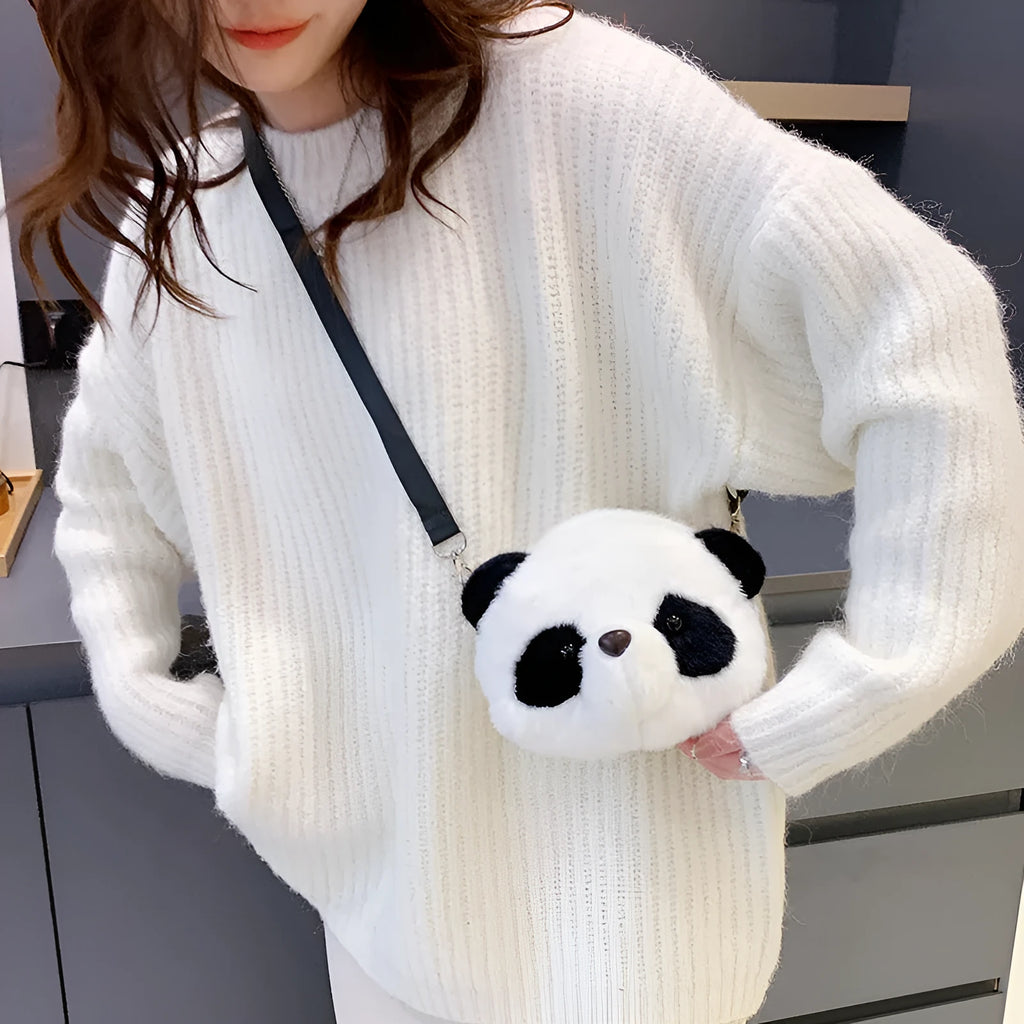 Cute plush crossbody bag with Panda Head design, cylindrical shape measuring 18cm