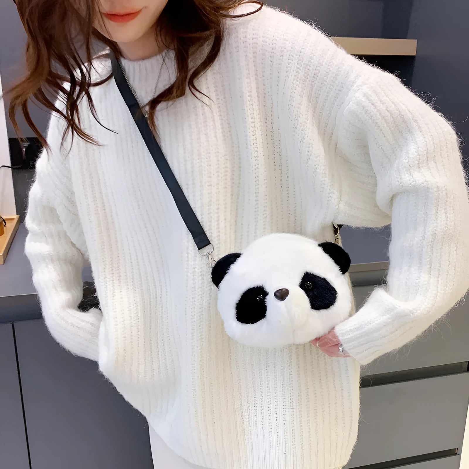 Cute plush crossbody bag with Panda Head design, cylindrical shape measuring 18cm