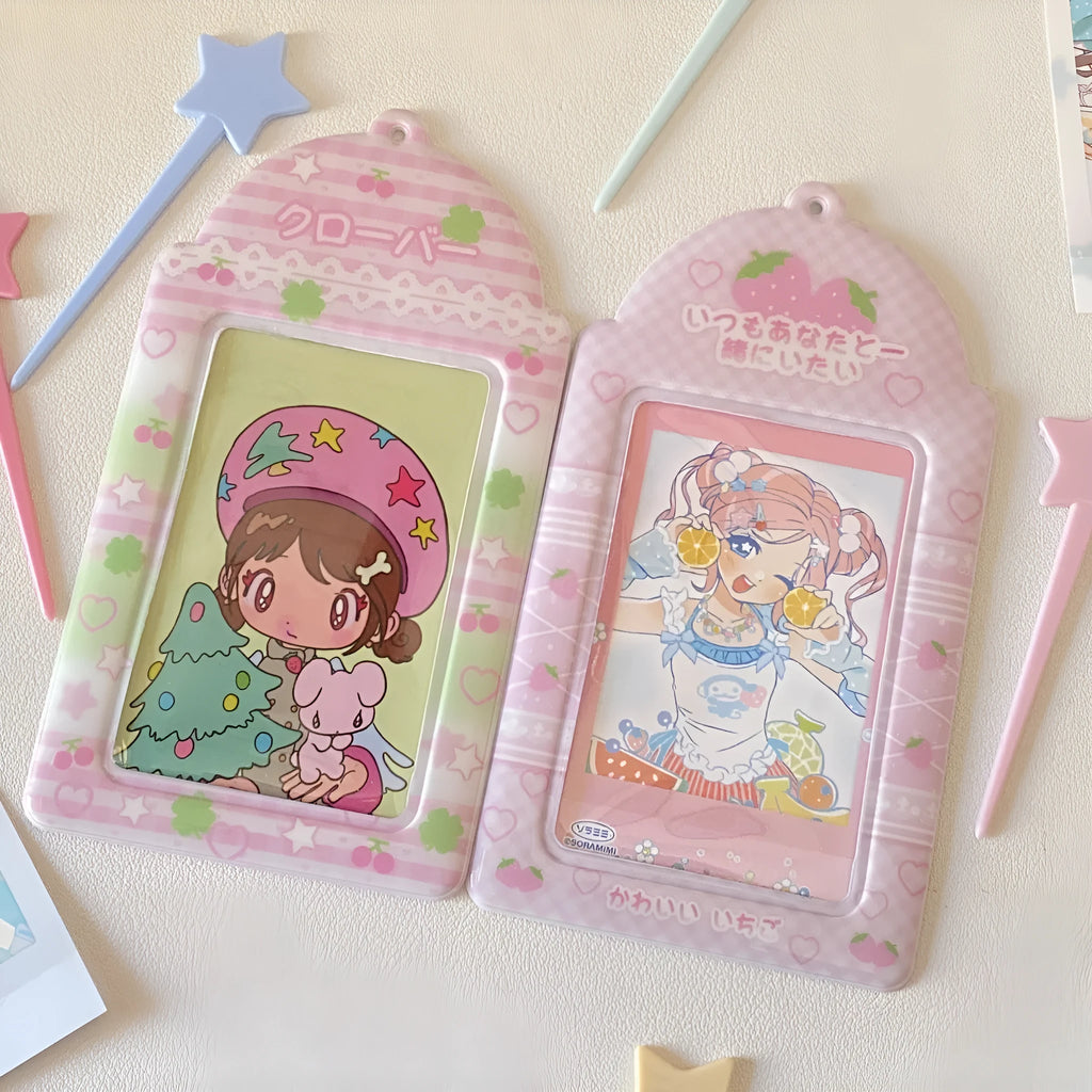 Cartoon strawberry or four-leaf clover PVC meal card holder measuring 7.6 x 13.6cm