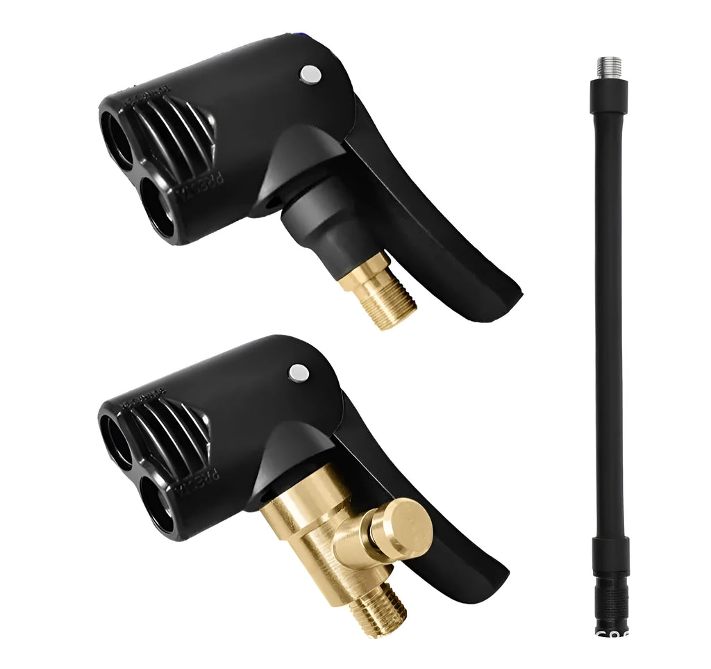 Two-in-one vehicle air pump inflatable nozzle with 16cm hose and two connector chucks.