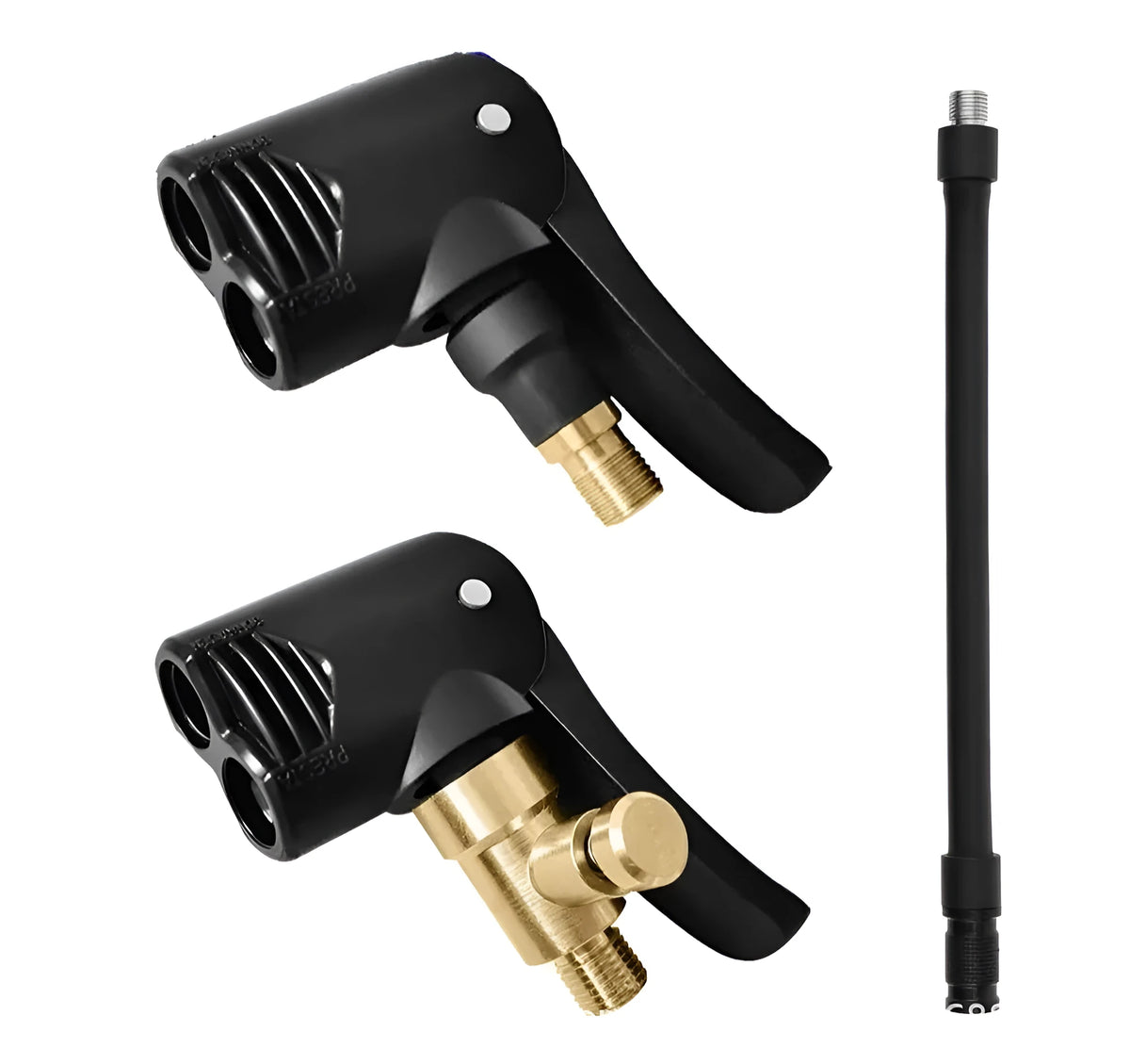 Two-in-one vehicle air pump inflatable nozzle with 16cm hose and two connector chucks.