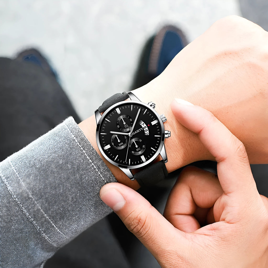 Mens classic business quartz watch with 39mm alloy case, black strap, rose gold case and hands, black face with pointer and number display