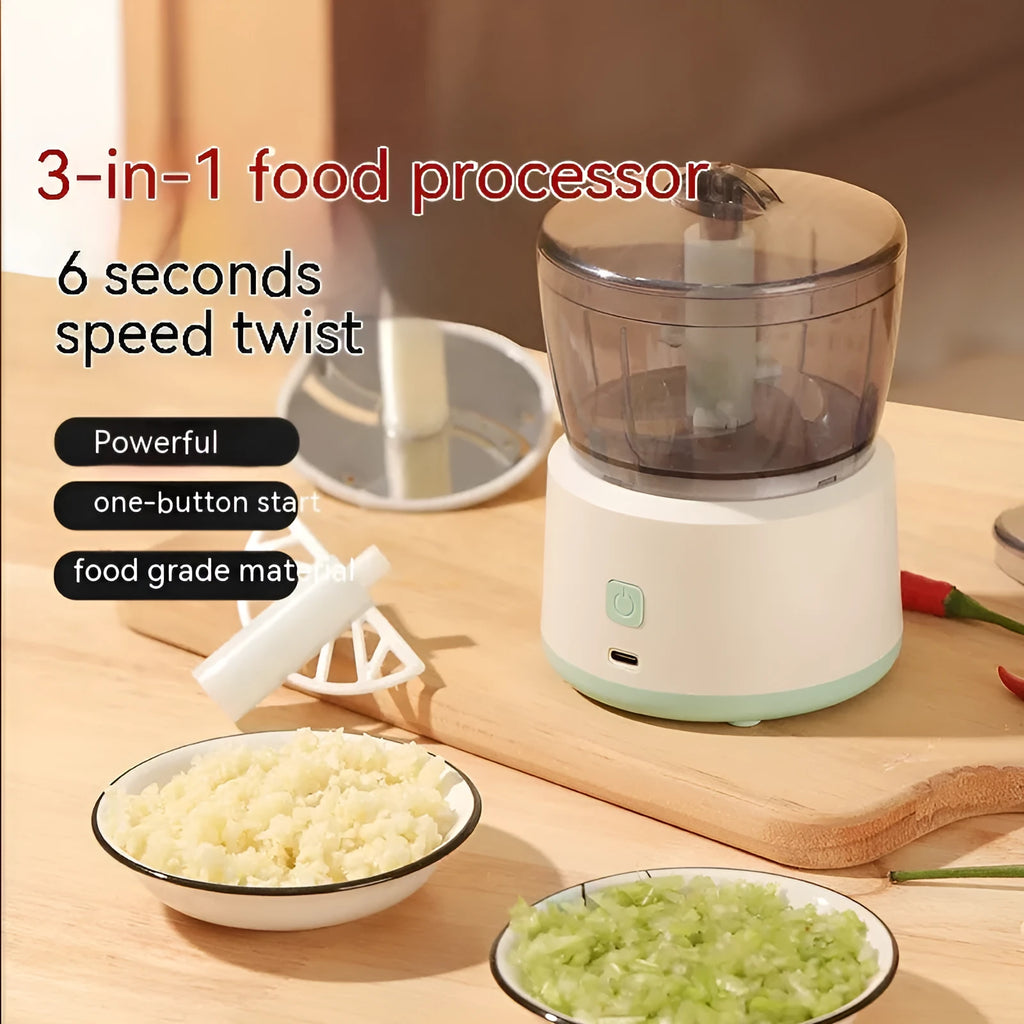 Mini electric meat grinder with transparent 225ml cup, stainless steel blades, USB charging port in white or light green