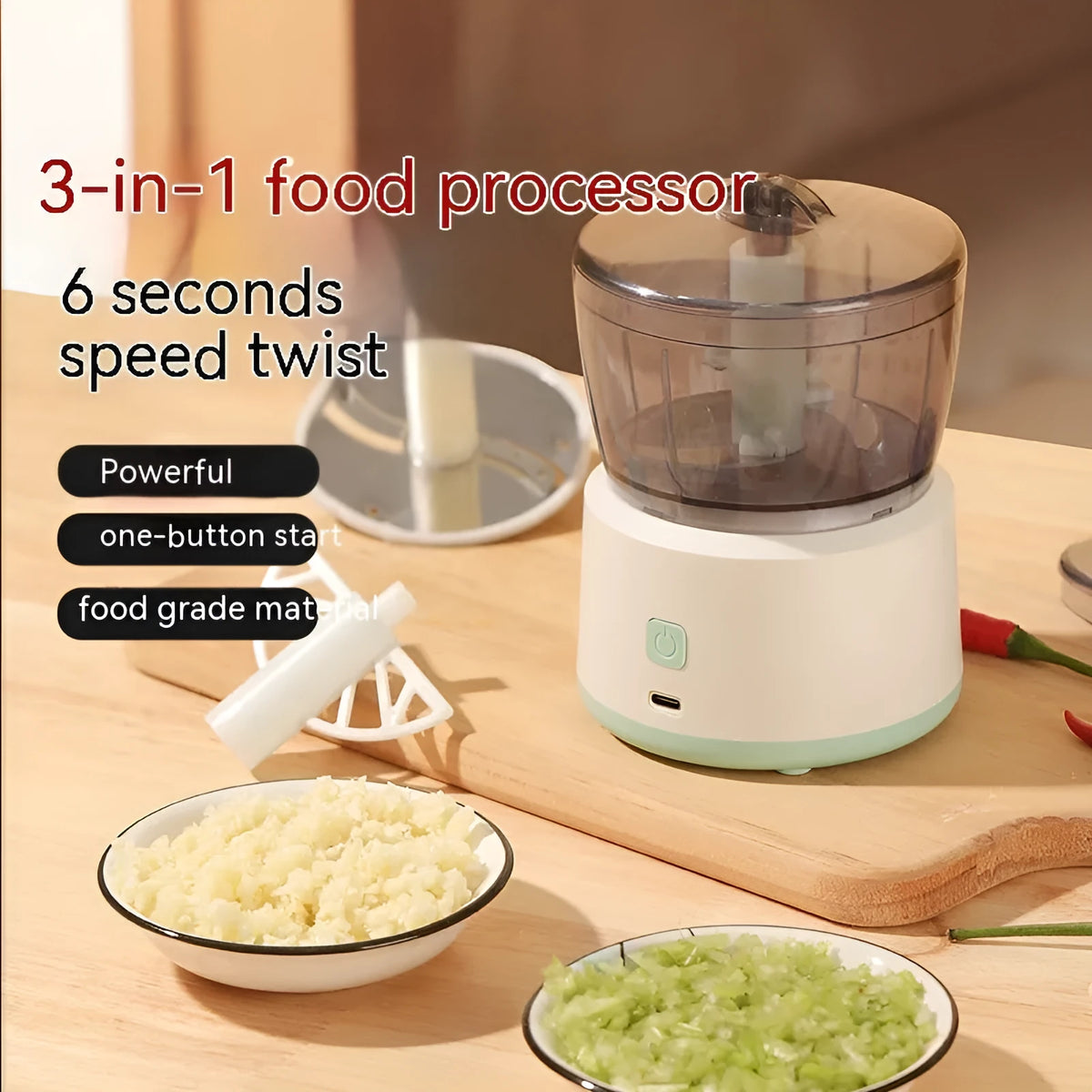 Mini electric meat grinder with transparent 225ml cup, stainless steel blades, USB charging port in white or light green