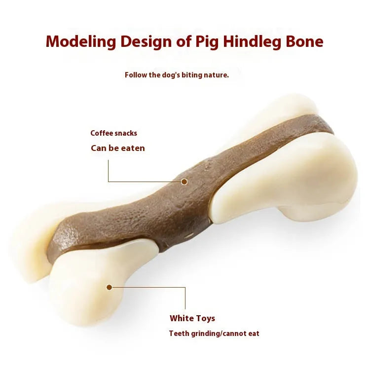 Bone-shaped dog chew toy with cowhide and nylon construction for dental cleaning