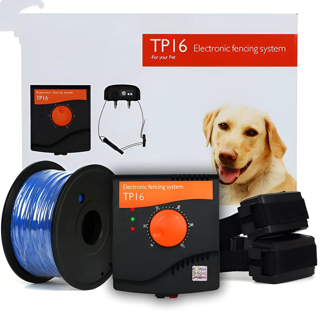 Pet electronic fence with waterproof receiver, adjustable one square kilometre boundary, and 300m coil.