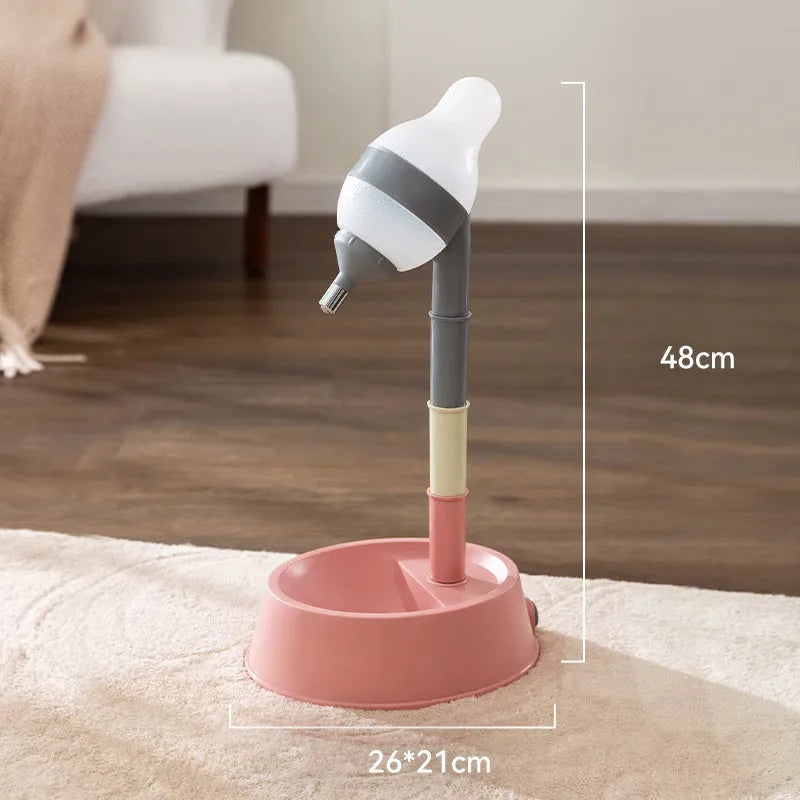 Grey adjustable standing pet water dispenser with detachable pole and ball-tip drinking nozzle