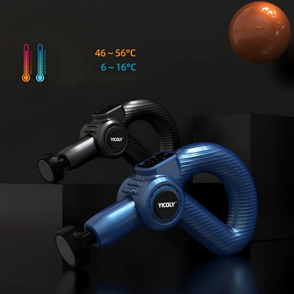 Black smart muscle massage gun with multiple attachment heads on a grey background