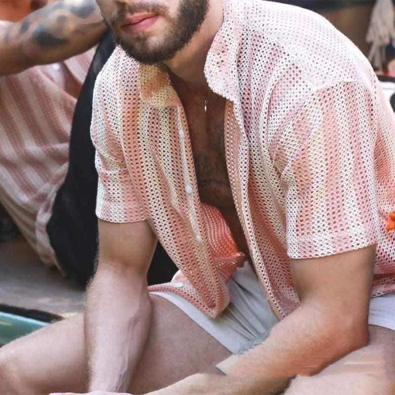 Pink men's waffle knit cardigan shirt with short sleeves and loose fit design