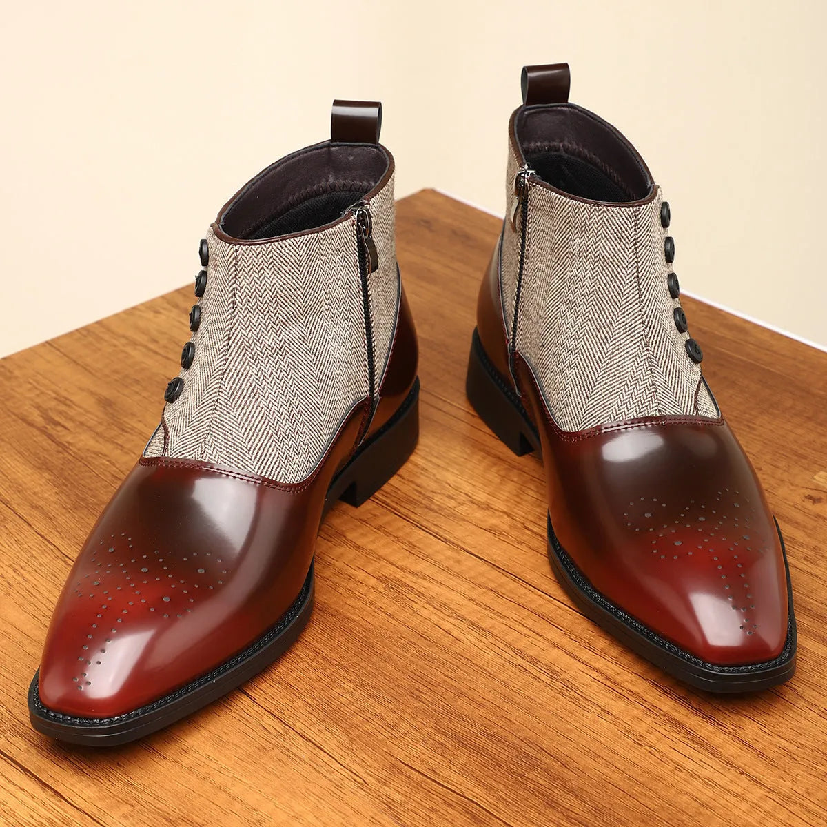 Brown men's formal shoes with square toe, side zipper, and low square heel on a rubber sole.