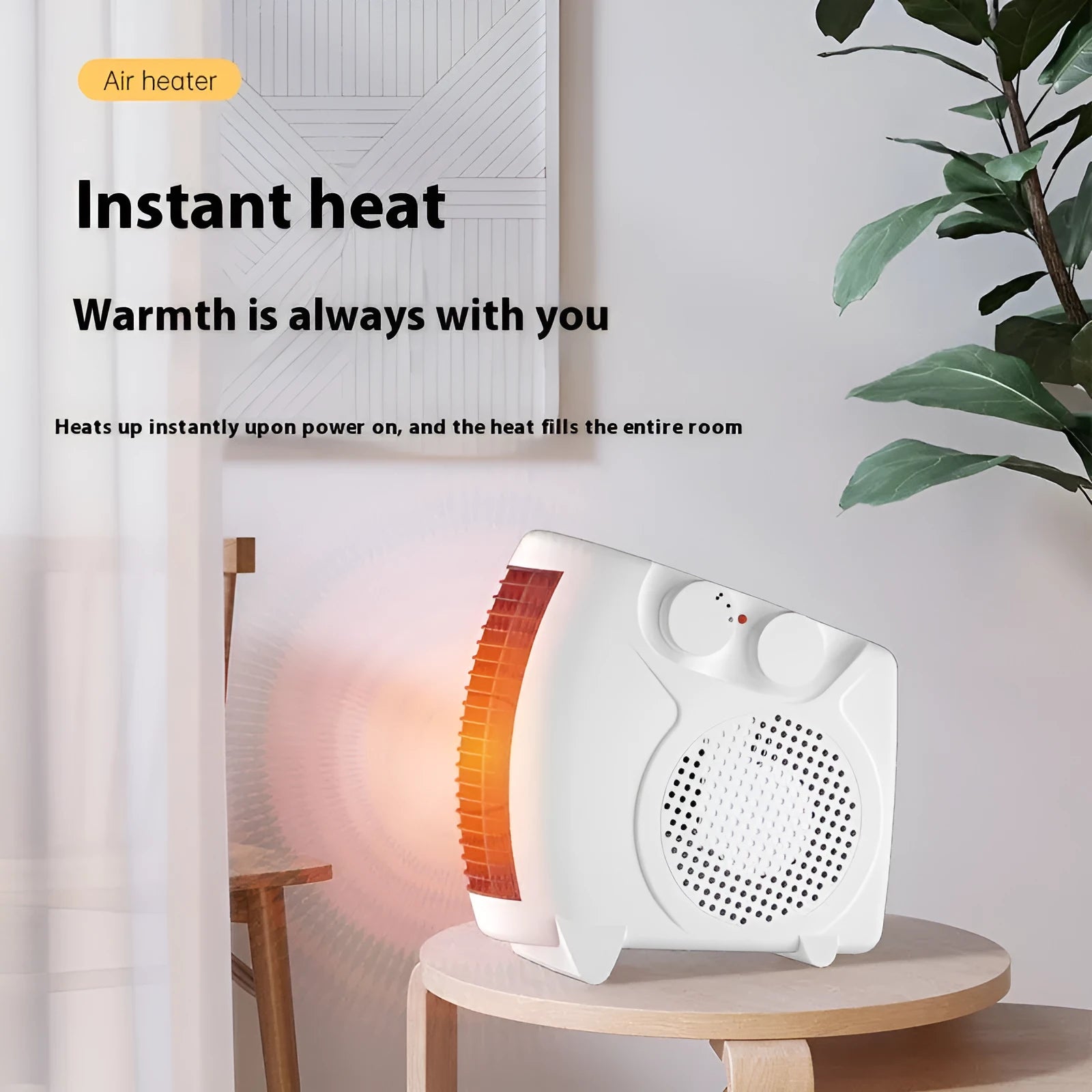 White compact desktop electric heater showing front grille and control buttons