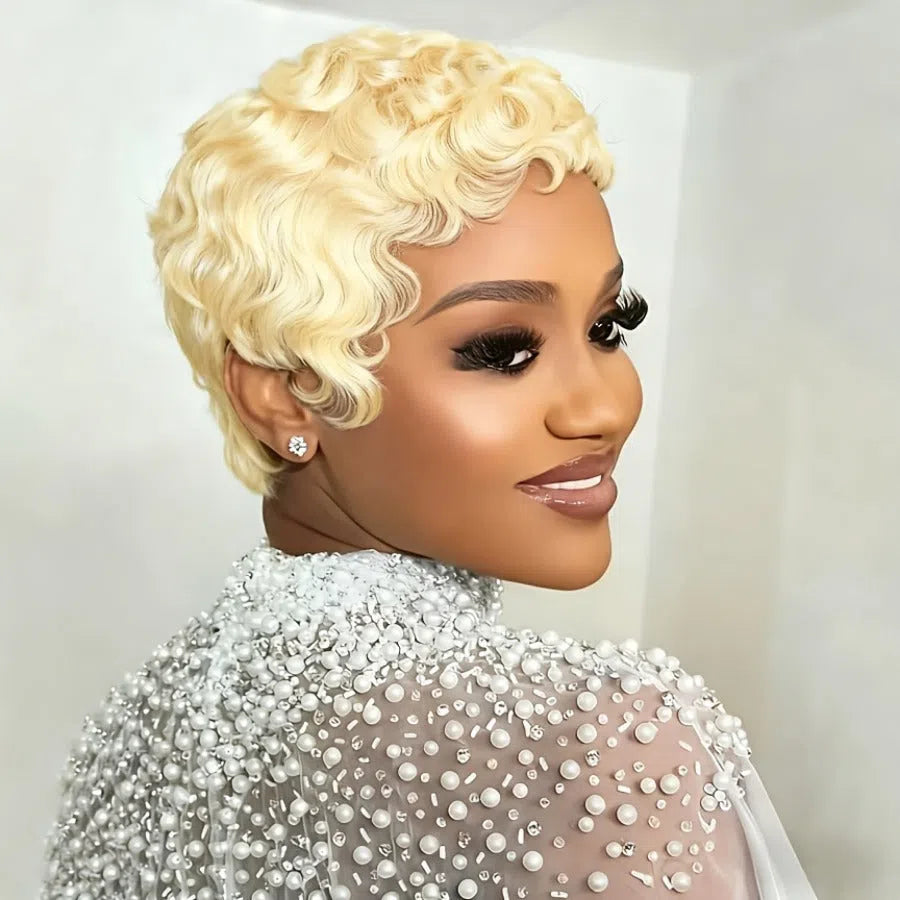 Blonde curly pixie cut human hair wig with wave pattern 6inch 613# gold colour