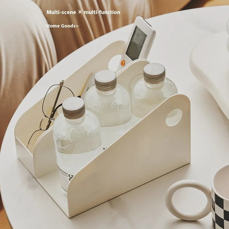 Plastic desktop storage box with two-layer grid organisation in ivory white colour