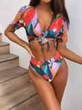 Red women's printed split swimsuit with briefs bikini style for swimming sports