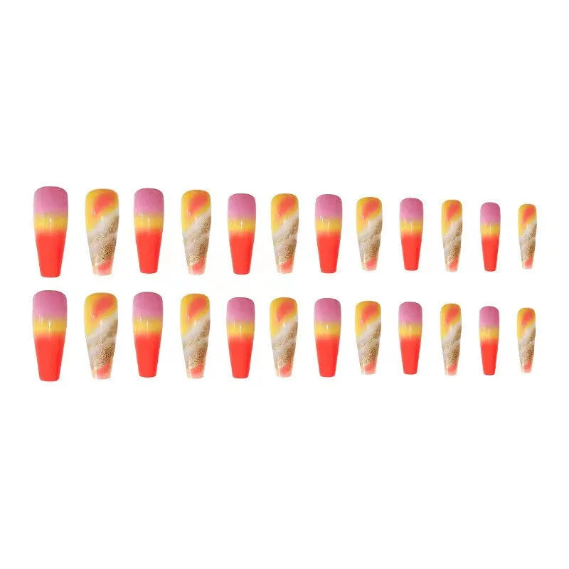 Rainbow gradient marble long pointed fake nails with glue, 24 pieces