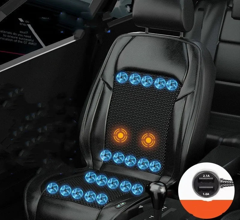 Black ventilated car seat cushion with multiple cooling fans, connected to a 12V car plug.