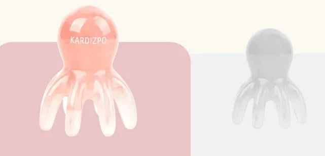 Pink octopus-shaped massage comb for periocular meridian acupressure with curved arms and storage bag