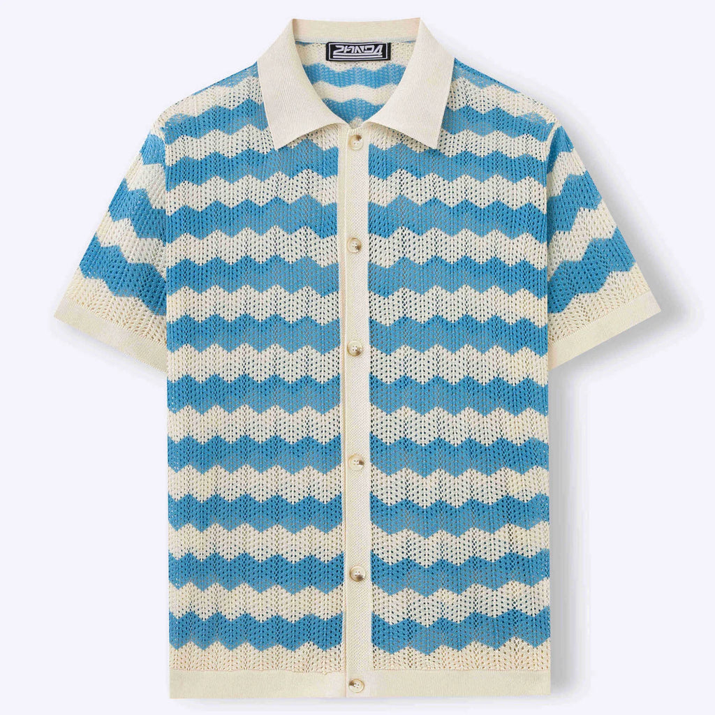 Short-sleeved yellow corrugated knit sweater with flocking detail on a hanger.